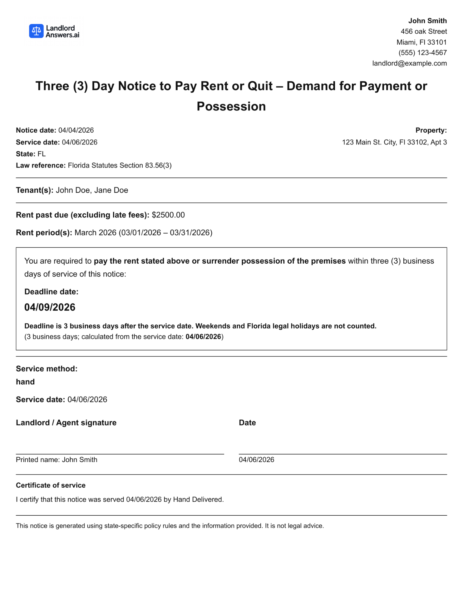 Sample Florida 3-Day Notice for nonpayment of rent PDF preview